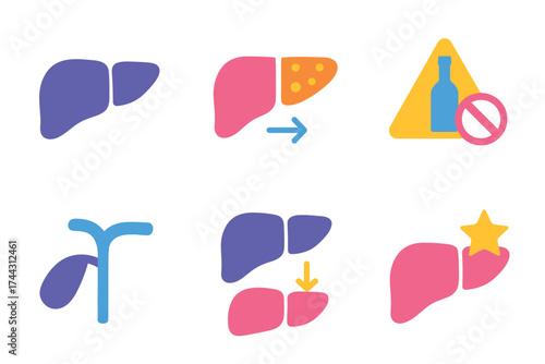 Icon set illustrating liver health and disease: fatty liver, alcohol impact, hepatology symbols