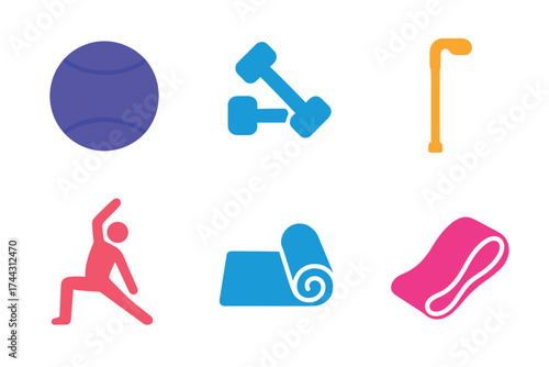 Fitness and wellness icons: yoga, dumbbells, walking stick, exercise mat, towel