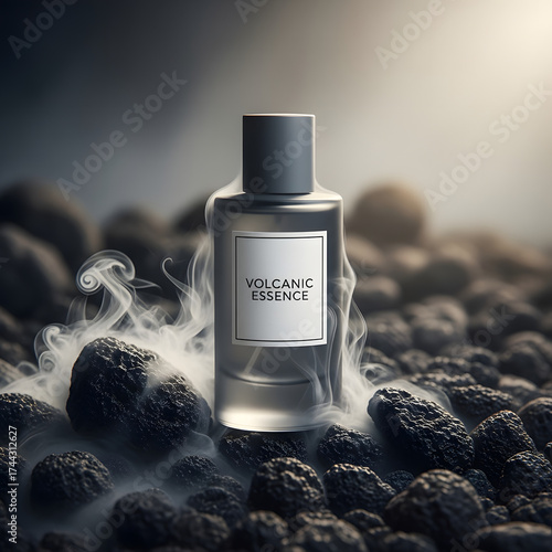 Elegant men's fragrance bottle surrounded by smoky wisps and dark textured elements for luxury advertising