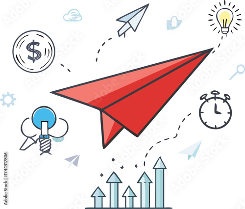 Red paper airplane soars upward symbolizing business growth and innovative ideas taking flight