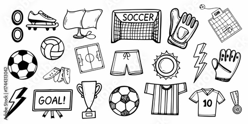 Collection of hand drawn soccer sport icons and equipment doodles on a white background