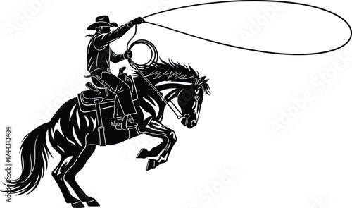 Cowboy, horse, silhouette, lasso, Western, action, rearing horse, dramatic pose, ranch, rodeo, wild west, rider, hat, motion, black and white, vintage, culture, cowboy life, equestrian, adventure