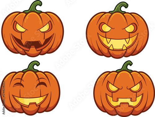 Halloween jack-o’-lanterns, cartoon pumpkin faces, spooky carved expressions, smiling and scary designs, festive holiday illustration, autumn decoration, seasonal vector art