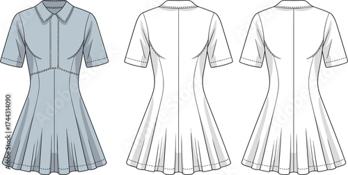 Short sleeve collared dress flat sketch, button placket fashion technical drawing, vector CAD illustration, princess seam bodice, flared pleated skirt