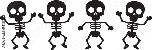 Four black cartoon human skeletons dancing together in simple graphic style vector eps illustration

