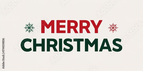 Graphic Merry Christmas inscription in a minimalist style in red and green colors, decorated with flat snowflakes on a white background — a christmas greeting card