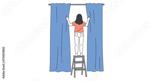 Woman on a ladder hanging blue curtains in a simple room
