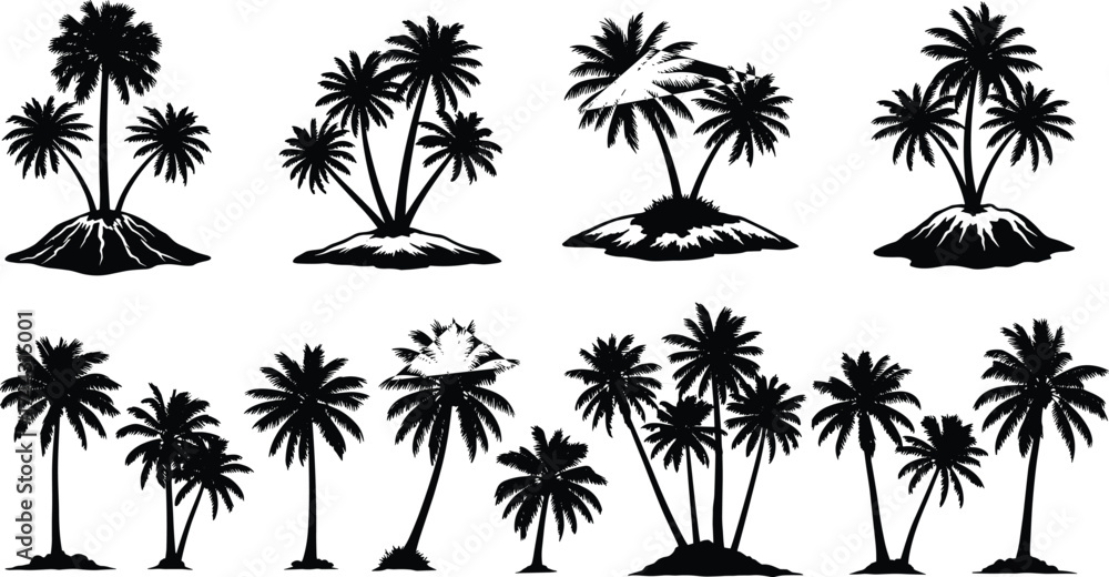 Fototapeta premium Palm tree, silhouette, tropical, island, beach, black and white, minimal, nature, summer, vacation, exotic, coconut, hammock, group, design, illustration, landscape, paradise, graphic, relaxation