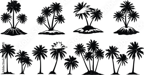 Palm tree, silhouette, tropical, island, beach, black and white, minimal, nature, summer, vacation, exotic, coconut, hammock, group, design, illustration, landscape, paradise, graphic, relaxation