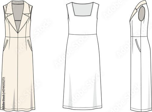 Sleeveless lapel collar dress flat sketch, fashion technical drawing, vector CAD illustration, tailored bodice design, flared skirt template, apparel construction
