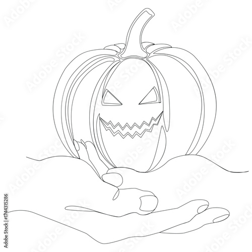 Single Line Drawing of a Spooky Jack O Lantern Pumpkin Held by Hands halloween scary