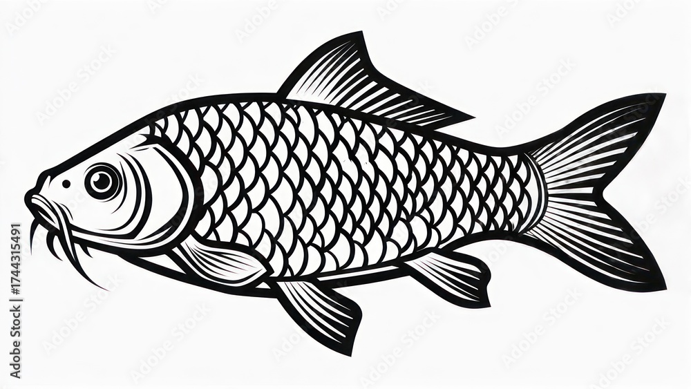 Fototapeta premium Elegant Koi Fish Illustration - Detailed Black and White Design.