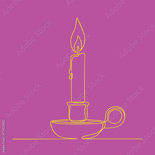 Minimalist line drawing of a lit candle in a holder with a long wick on a vibrant purple