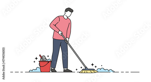 A person cleaning a floor with a mop and bucket illustration