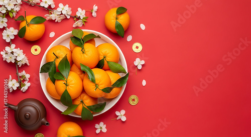 Chinese new year oranges and blossoms on red background with teapot