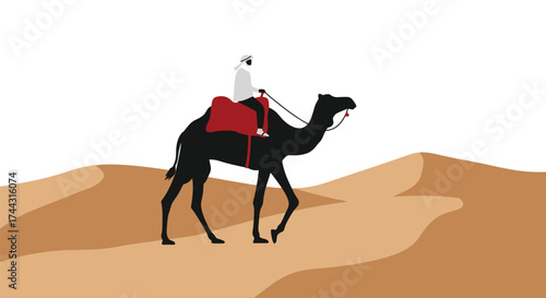 A lone rider on a dark camel traversing a simple desert landscape