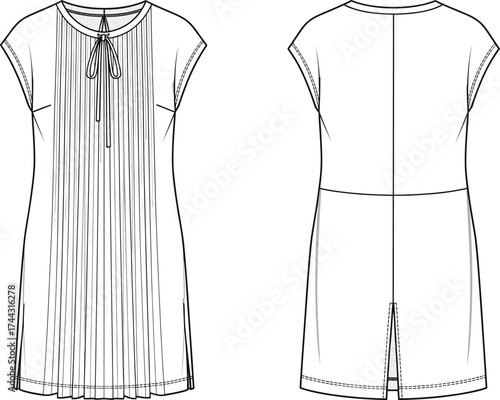 Dress flat sketch, fashion CAD drawing, vector illustration, technical apparel design, short sleeves, round neckline, keyhole tie, pleated front, curved hem