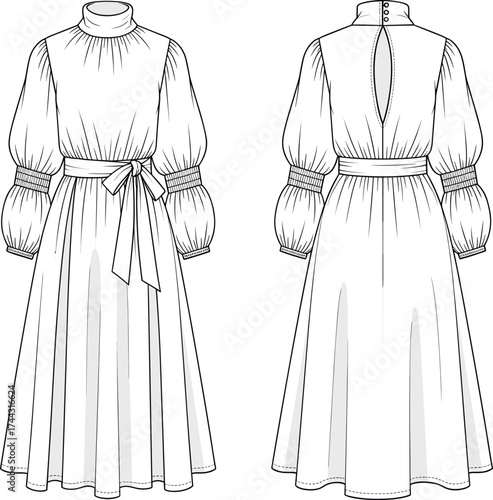 Dress flat sketch, fashion CAD drawing, vector illustration, technical apparel design, puff sleeves, high neckline, belted waist, pleated skirt, keyhole back