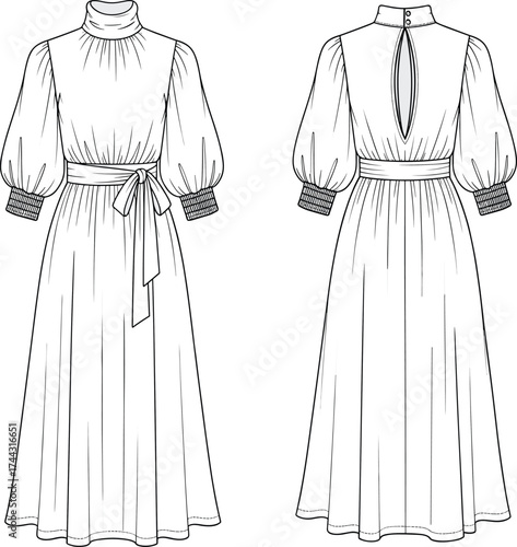 Dress flat sketch, fashion CAD drawing, vector illustration, technical apparel design, bishop sleeves, high neckline, belted waist, pleated skirt, keyhole back