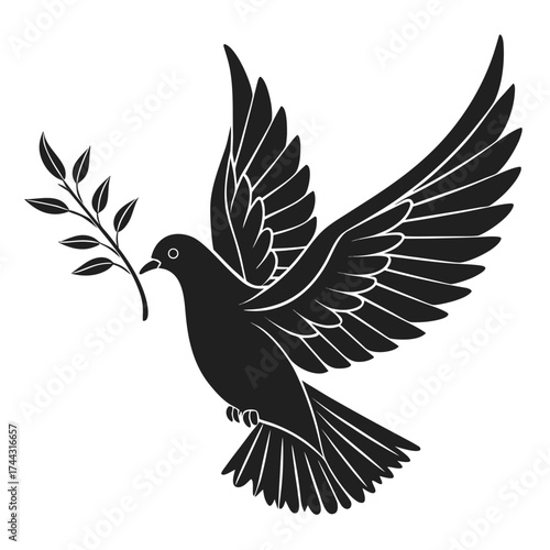 Vector art of dove of peace flying with an olive branch in its beak