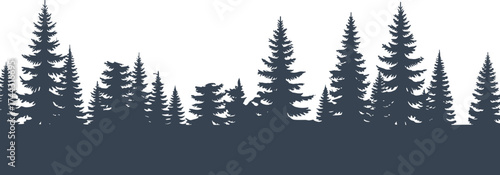 Silhouette, dense forest, pine trees, conifer woodland, layered tre\ark woods, forest layers, natural environment, forest design, black and white