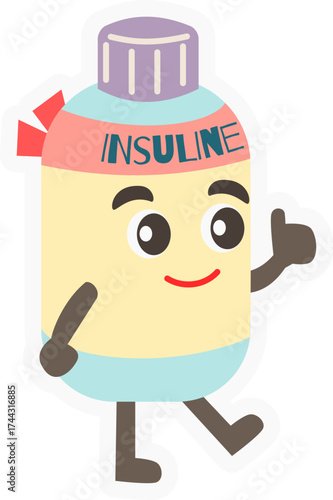 Cute character illustration of an insulin bottle smiling and giving a thumbs-up. Great for children’s education, healthcare promotion, and awareness materials.