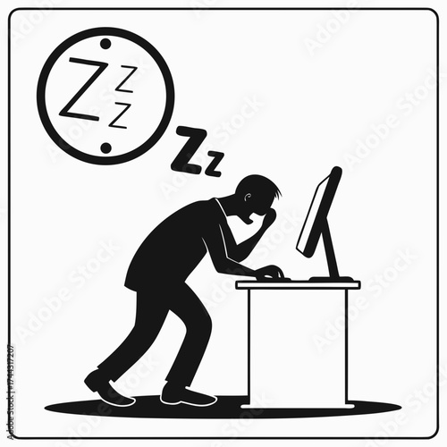 Vector art of silhouette of a sleepy person at a computer
