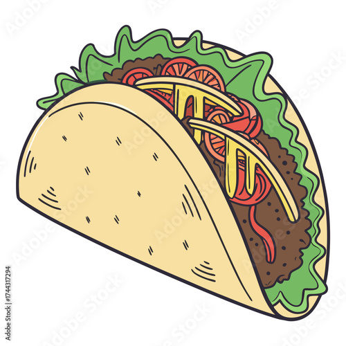 Vector art of a delicious taco with meat, lettuce, tomatoes, and cheese