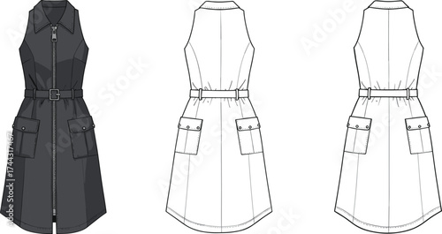 Shirt dress flat sketch, fashion CAD drawing, vector illustration, technical apparel design, sleeveless dress, collared neckline, front zipper, flap pockets, belted waist
