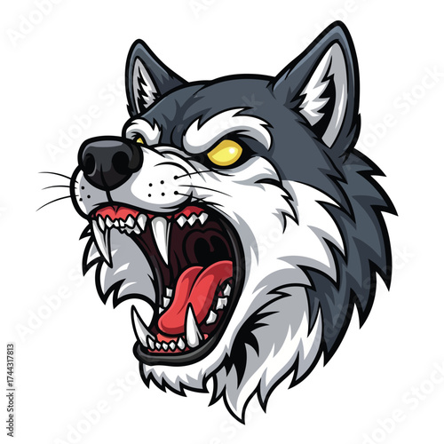 Furious wolf head roaring isolated on white background
