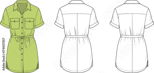 Shirt dress flat sketch, fashion CAD drawing, vector illustration, technical apparel design, button down dress, short sleeves, chest pockets, waist tie belt