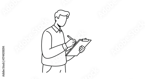 A man in a suit writing on a clipboard with a pen