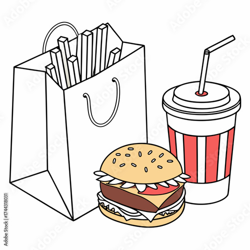 Vector art of fast food meal with burger, fries, and drink