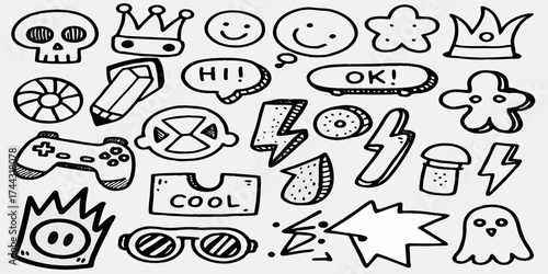 Collection of hand drawn doodle icons including a skull crowns smiley faces and gaming elements
