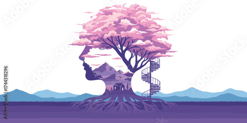 Surreal, silhouette, human head, tree, blossom, nature\metaphor, connection
