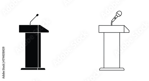 Simple black and white line drawing of two podiums with microphones