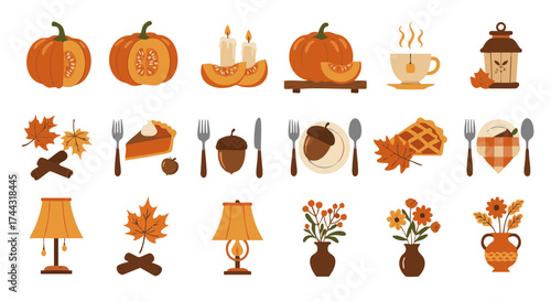 Vector icons set pumpkin table autumn still life thanksgiving