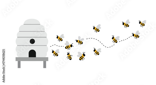 A stylized illustration depicting a beehive and several flying bees