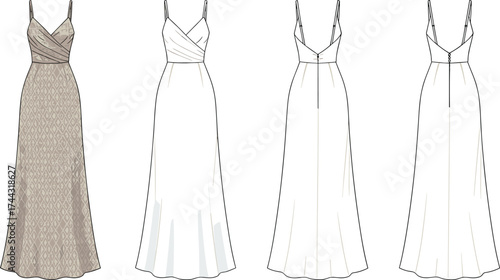 Dress flat sketch, fashion CAD drawing, vector illustration, technical apparel design, sleeveless dress, V neckline, spaghetti straps, pleated skirt, low back