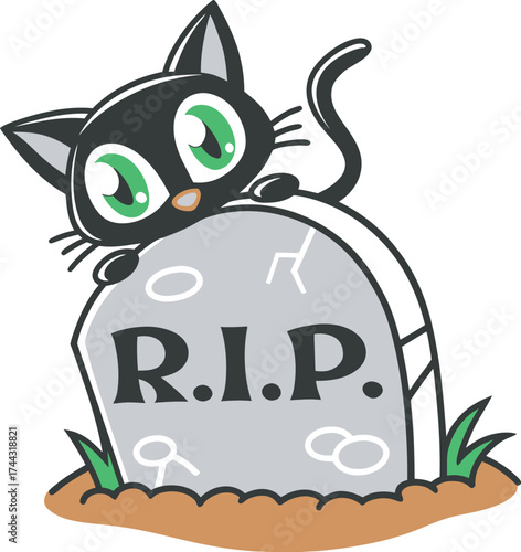 Adorable black cat with big green eyes peeking over a tombstone with RIP text. Fun and spooky Halloween-themed cartoon illustration perfect for stickers, t-shirts, greeting cards, and decorations.