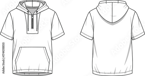 Pullover flat sketch, fashion CAD drawing, vector illustration, technical apparel design, hooded top, short sleeves, half zip, kangaroo pocket, curved hem