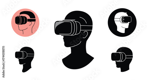 Illustrations of people wearing virtual reality headsets in different views