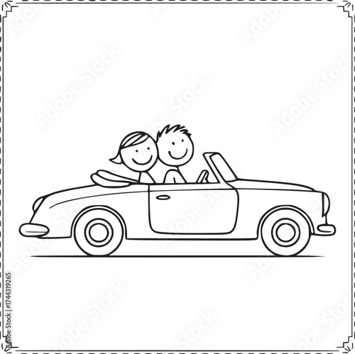 Happy couple in a Car: A cheerful couple embarks on a carefree road trip in a classic car, symbolizing love, freedom, and the joy of shared experiences.
