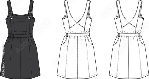 Dress flat sketch, fashion CAD drawing, vector illustration, technical apparel design, square neckline, sleeveless dress, belted waist, patch pocket, side pockets