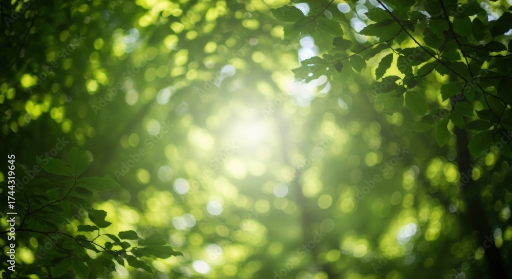 Fototapeta premium Abstract Calming Green Forest Background with Sunlight Bokeh and Blurred Leaves