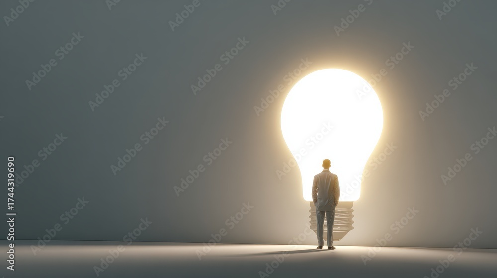 Obraz premium business man looking at bright light bulb in the wall concept no logos no brands ar 169