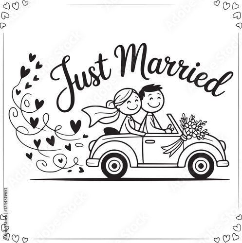 Just Married Couple in Classic Car: An illustration of a newlywed couple joyfully riding away in a classic car, adorned with hearts and flowers.