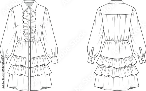Dress flat sketch, fashion CAD drawing, vector illustration, technical apparel design, collared neckline, button placket, ruffle detail, puff sleeves, tiered skirt