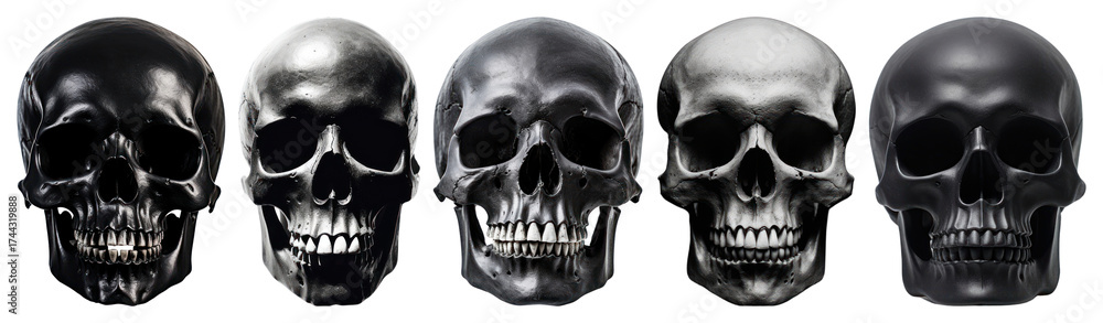 Fototapeta premium PNG Five black skulls in row, element set on transparent background