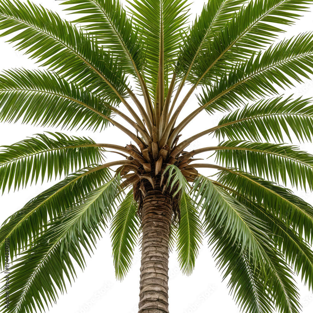 Fototapeta premium Upward view of a lush palm tree, featuring a detailed trunk and vibrant green fronds